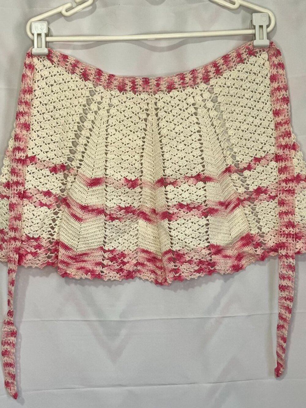 Unused Vintage Hand Crocheted Tatted Half Apron - Pink Varigated and White